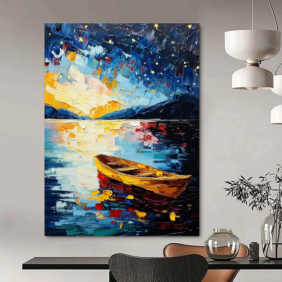 Large abstract painting of Lake Tahoe featuring a starry night sky colorful impasto brush strokes and a serene boat on the water.STSC877