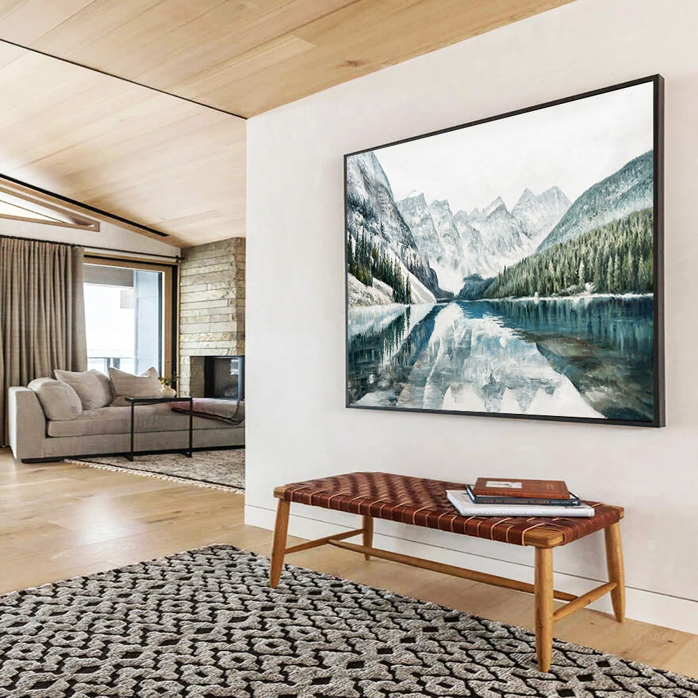 Snowy Mountain Lake Abstract Painting with Blue, White, and Green Tones THY221