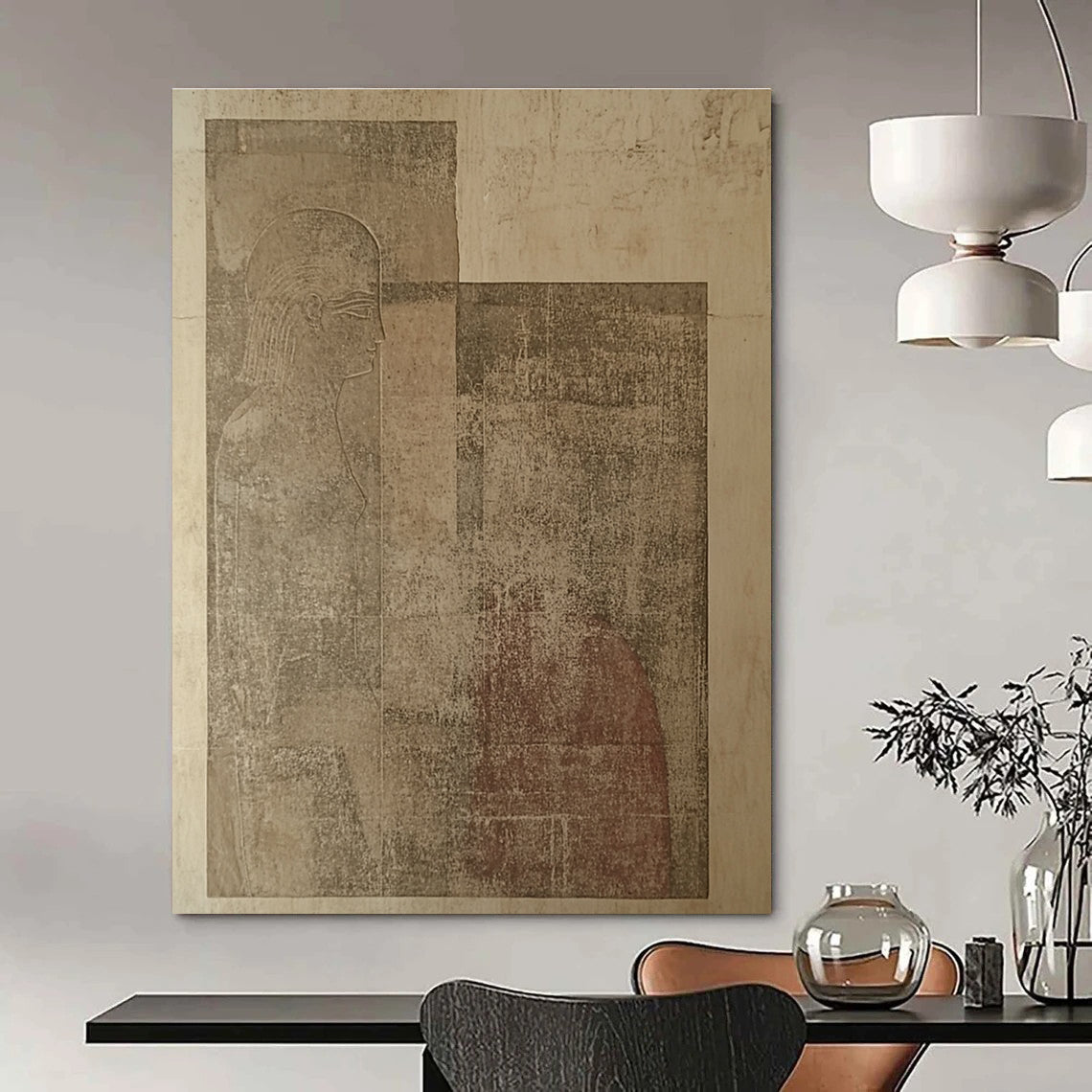 Large abstract artwork featuring ancient tablet carvings depicting two human figures against beige walls, showcasing unique artistic expression and historical intrigue.STSC1156