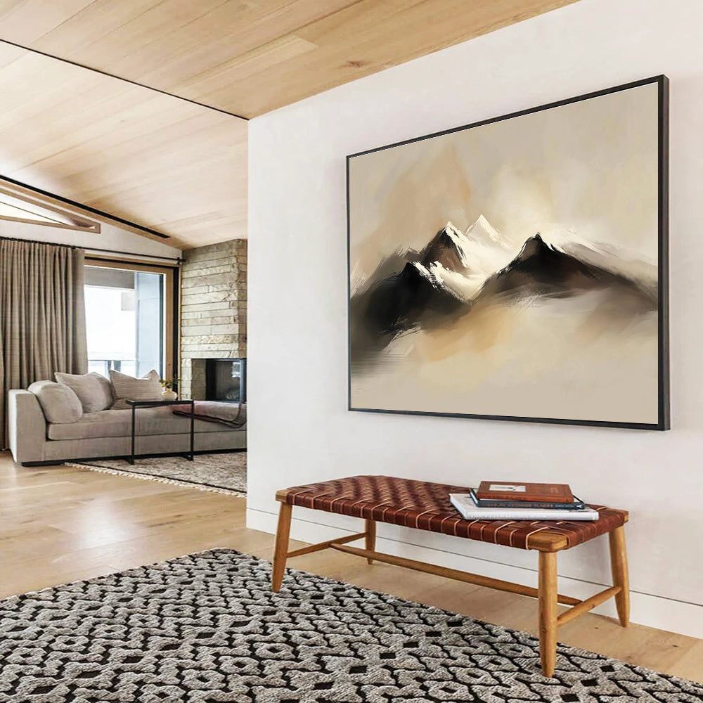 Abstract digital painting of serene snow-capped mountains featuring soft brush strokes and muted colors enveloped in mist.SC301