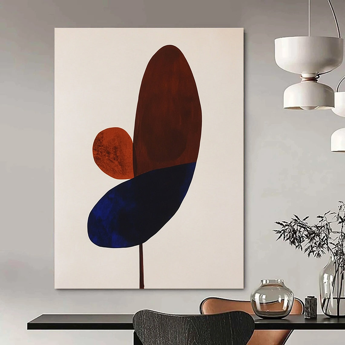 Large abstract painting featuring simple brown and blue petals on a white background perfect for modern decor.STSC1059