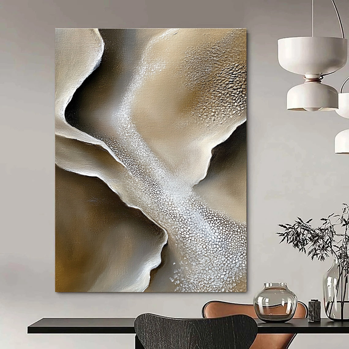 Large abstract painting capturing gray sand dunes and white salt crystals with intricate rock textures and soft lighting in a mysterious natural landscape.STSC530