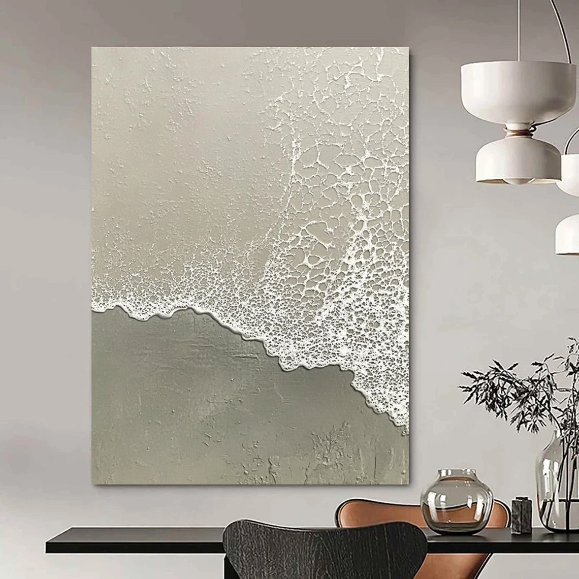 Abstract painting depicting the serene transition of water meeting sand with muted tones of grayish-white and light green.STSC955