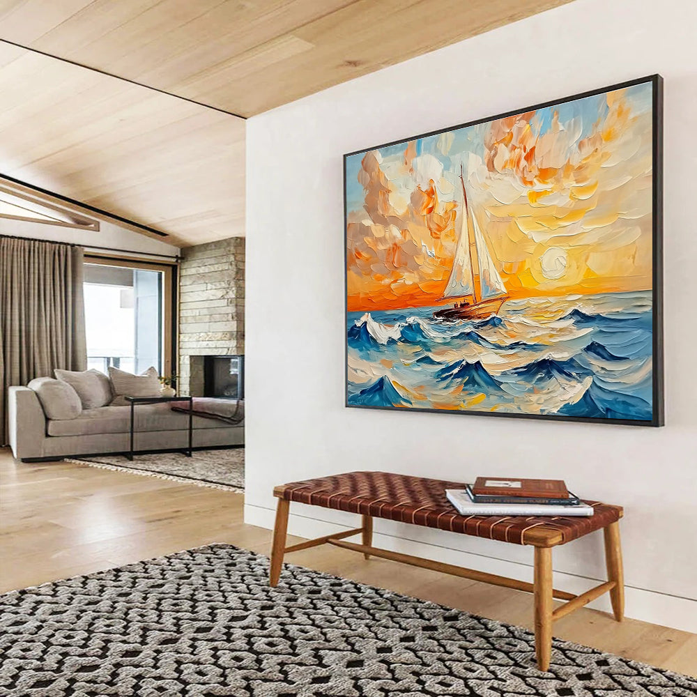 Sailboat Sunset Sea - Textured Seascape Abstract Painting DYP011