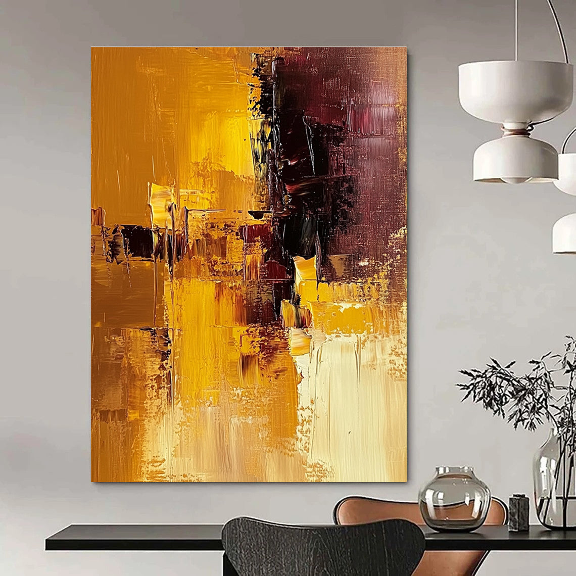 Large abstract painting in warm brown and yellow tones showcasing a textured surface for a striking artistic statement.STSC603