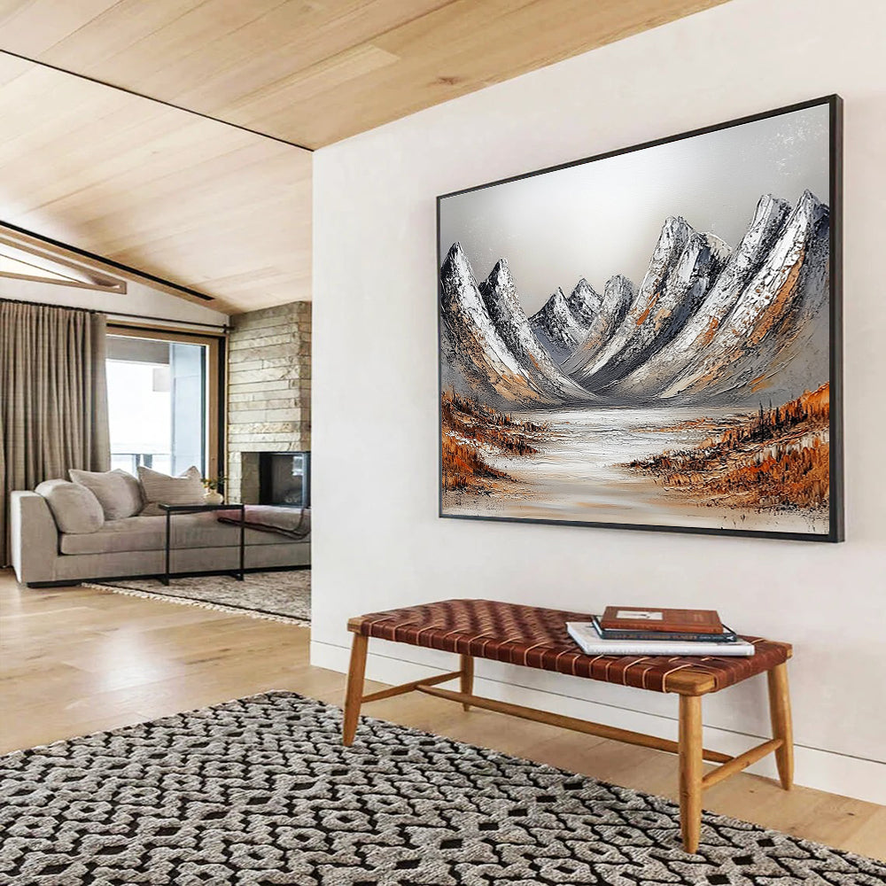 Snowy Mountain Range Textured Abstract Painting with White and Brown Tones DYP608