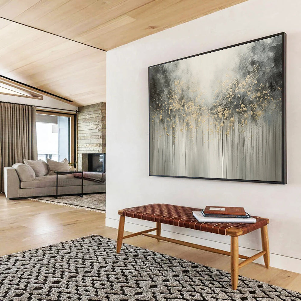 Gray Gold Drip Abstract Painting with Ethereal Tree - Like Forms THY320