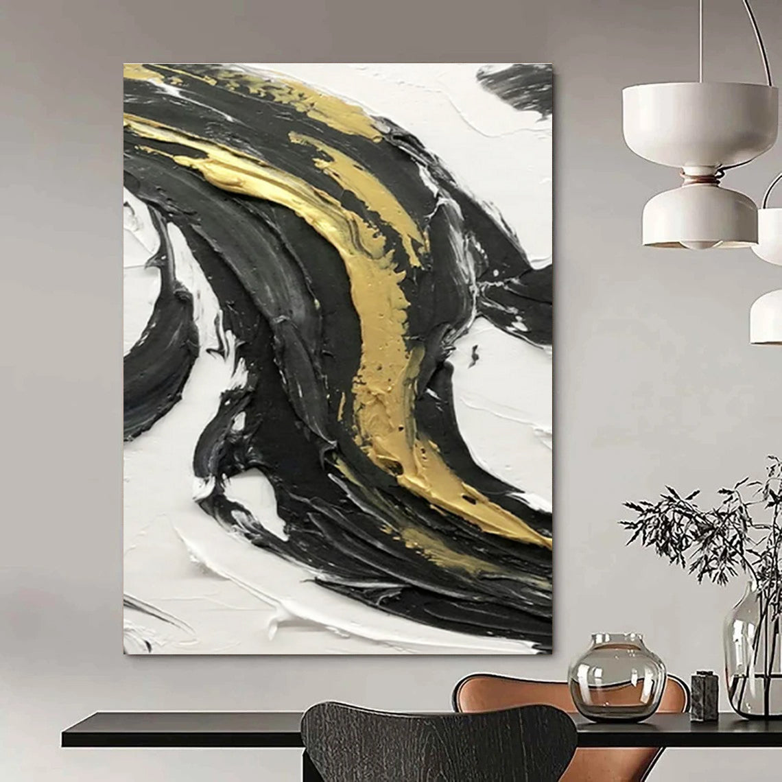 Gold - Enhanced Black and White Swirl Abstract Art with Rich Textures ADGE379