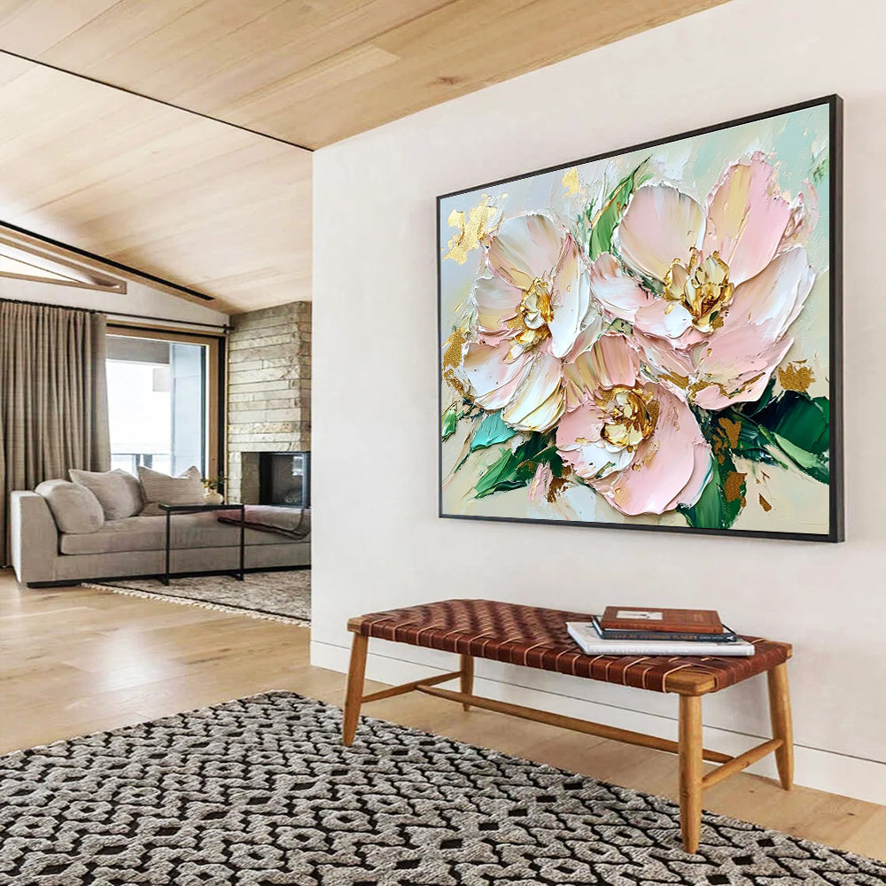 Textured Pink Flowers Abstract Painting with Gold Accents DYP282