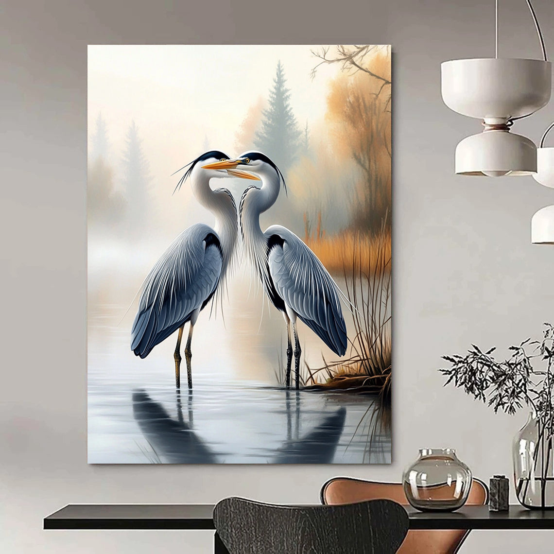 A large abstract painting featuring two herons on water's edge with a misty forest background showcasing realistic detail and serene beauty.STSC1451