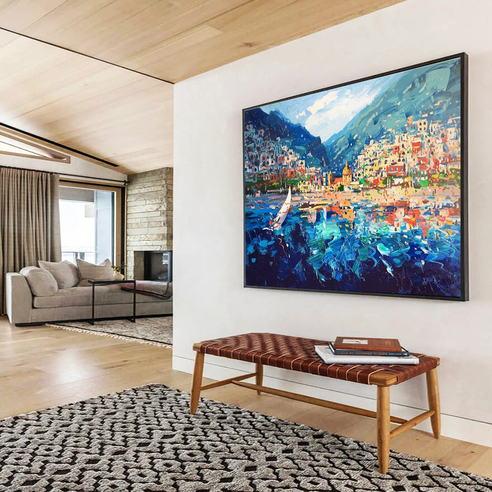 Coastal Town with Sailboat Abstract Painting THY439