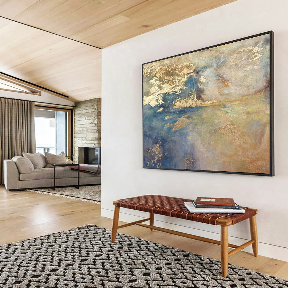 Blue Gold Abstract Painting with Radiant, Coastal - Sunset Vibes THY399