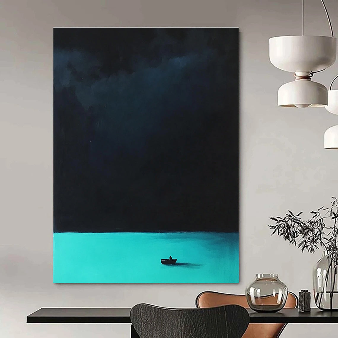Abstract painting featuring a tranquil turquoise sea and a mysterious dark sky with blurred figures and underwater creatures creating an enchanting atmosphere.STSC1303
