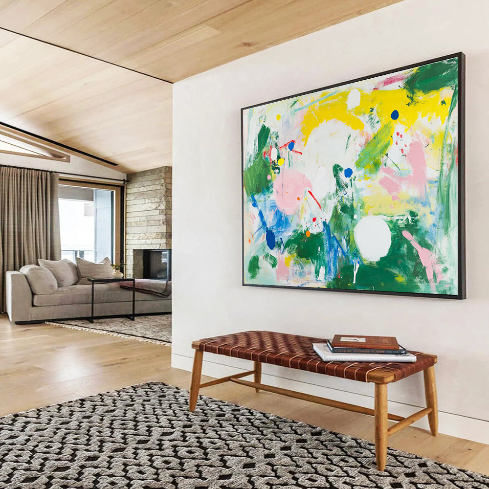 Colorful Abstract Painting with Dots and Shapes in Green Yellow Pink DYP390