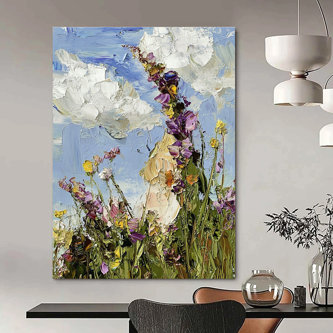 Large abstract oil painting featuring a colorful wildflower meadow under a blue sky with visible brushstrokes in an impressionist style.STSC1367