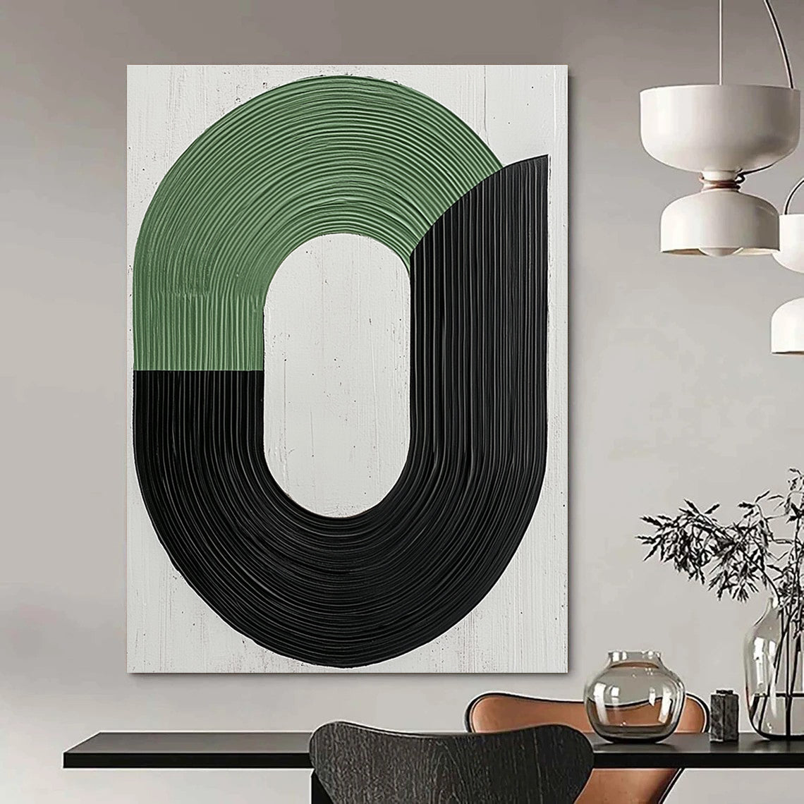 Large abstract painting featuring elegant black and green curved lines on a pure white background conveying calmness and movement ideal for wall decoration.STSC1141