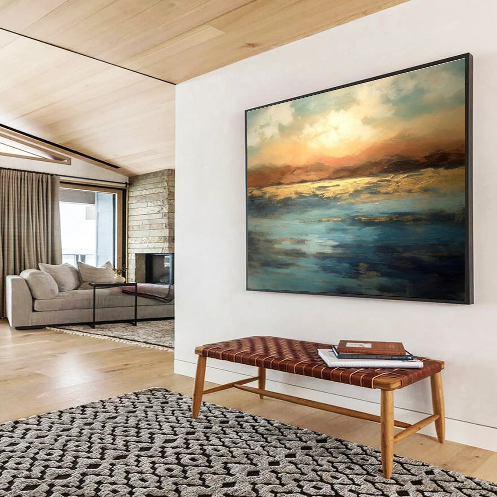 Orange Blue Sunset Lake Abstract Painting THY065
