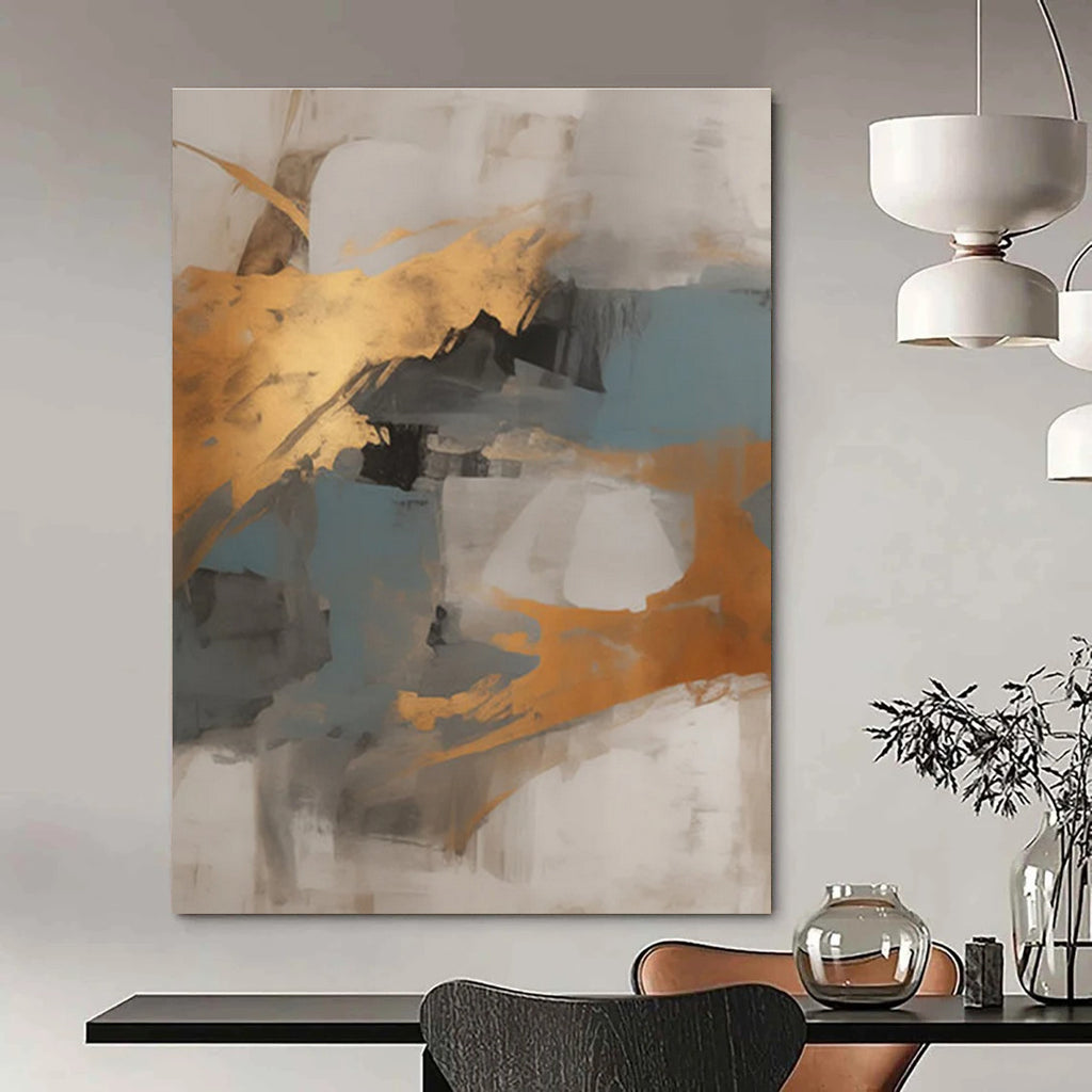 Gold, Blue, and Gray Abstract Painting with Dynamic Shapes ADGE136