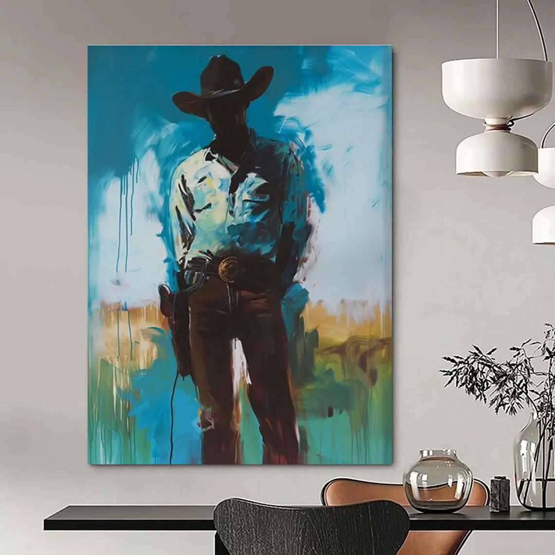 Silhouetted Cowboy in Blue Abstract Painting ADGE102