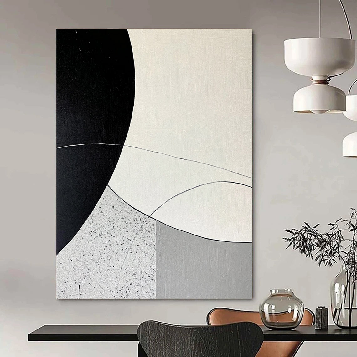 Large abstract painting featuring minimalist curved lines and rounded shapes in black and gray on a textured white background with a circular pattern.STSC436
