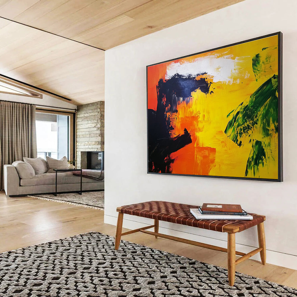 Abstract painting featuring vibrant orange and yellow landscape with bold black silhouettes and a touch of red in the corner, enhancing Expressionist style.SC166