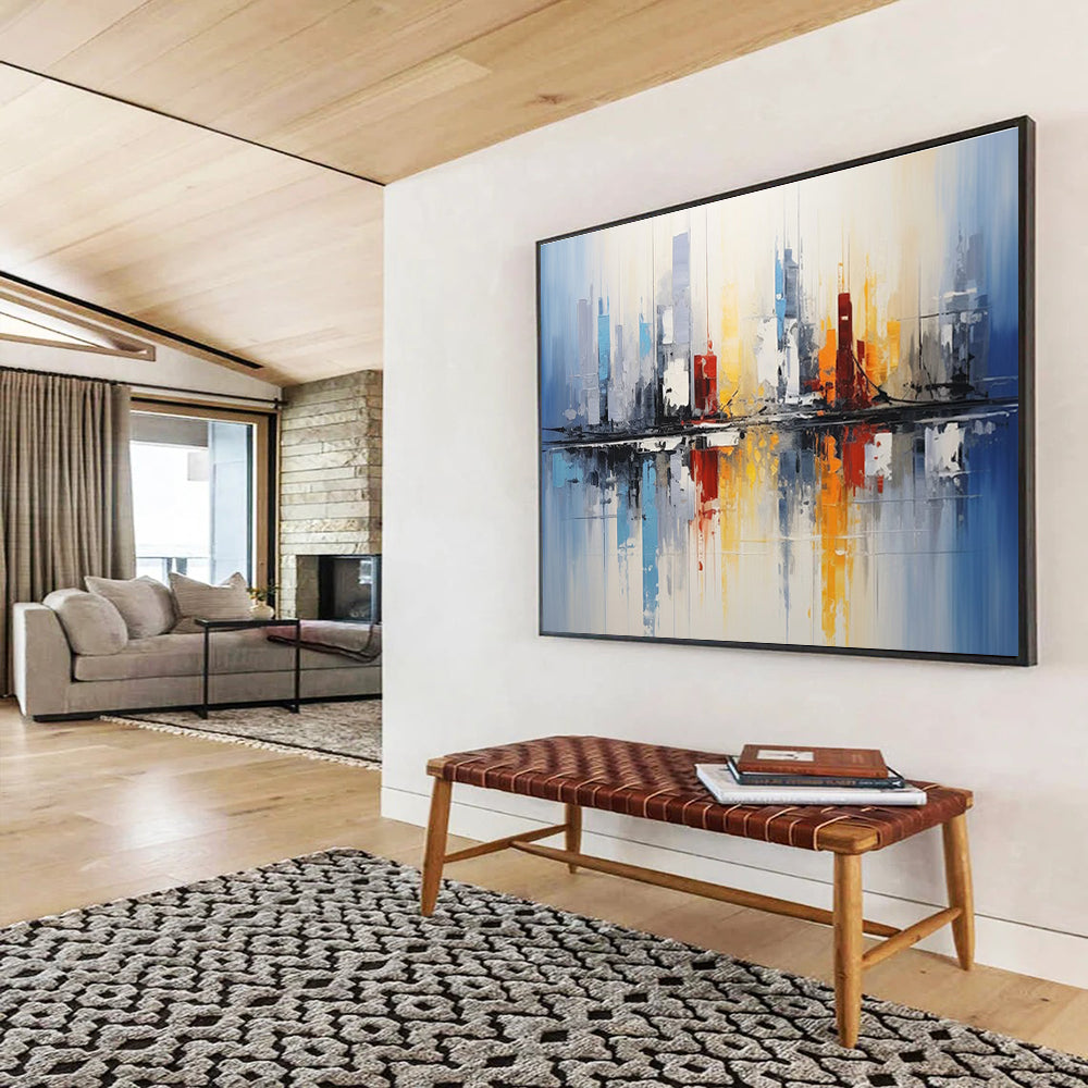 Cityscape Reflection Abstract Painting with Blue, Red, and Yellow Tones THY170