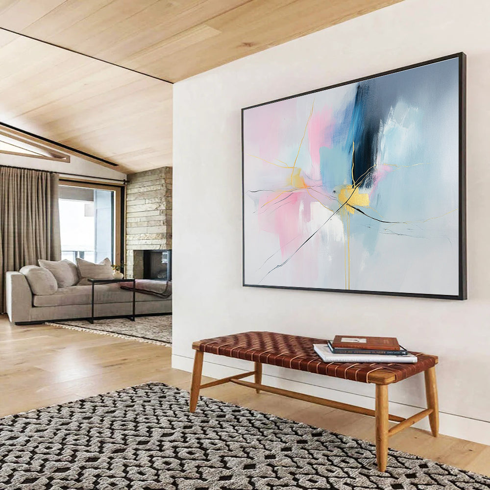 Colorful Abstract with Gold Lines Painting in Pink and Blue DYP441