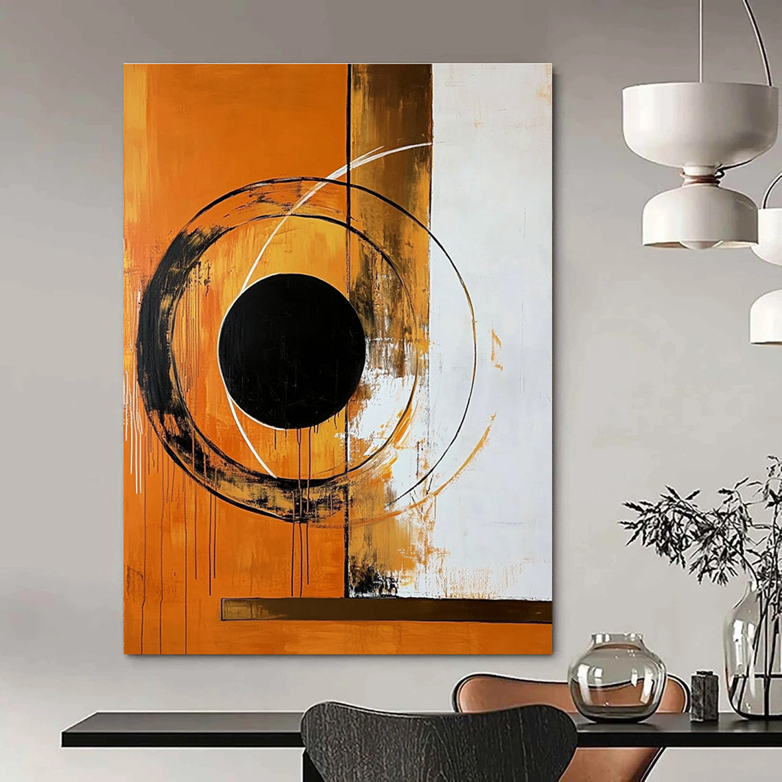 Large abstract painting featuring bold circular shapes and a black circle on an orange background with a brown border.STSC1354