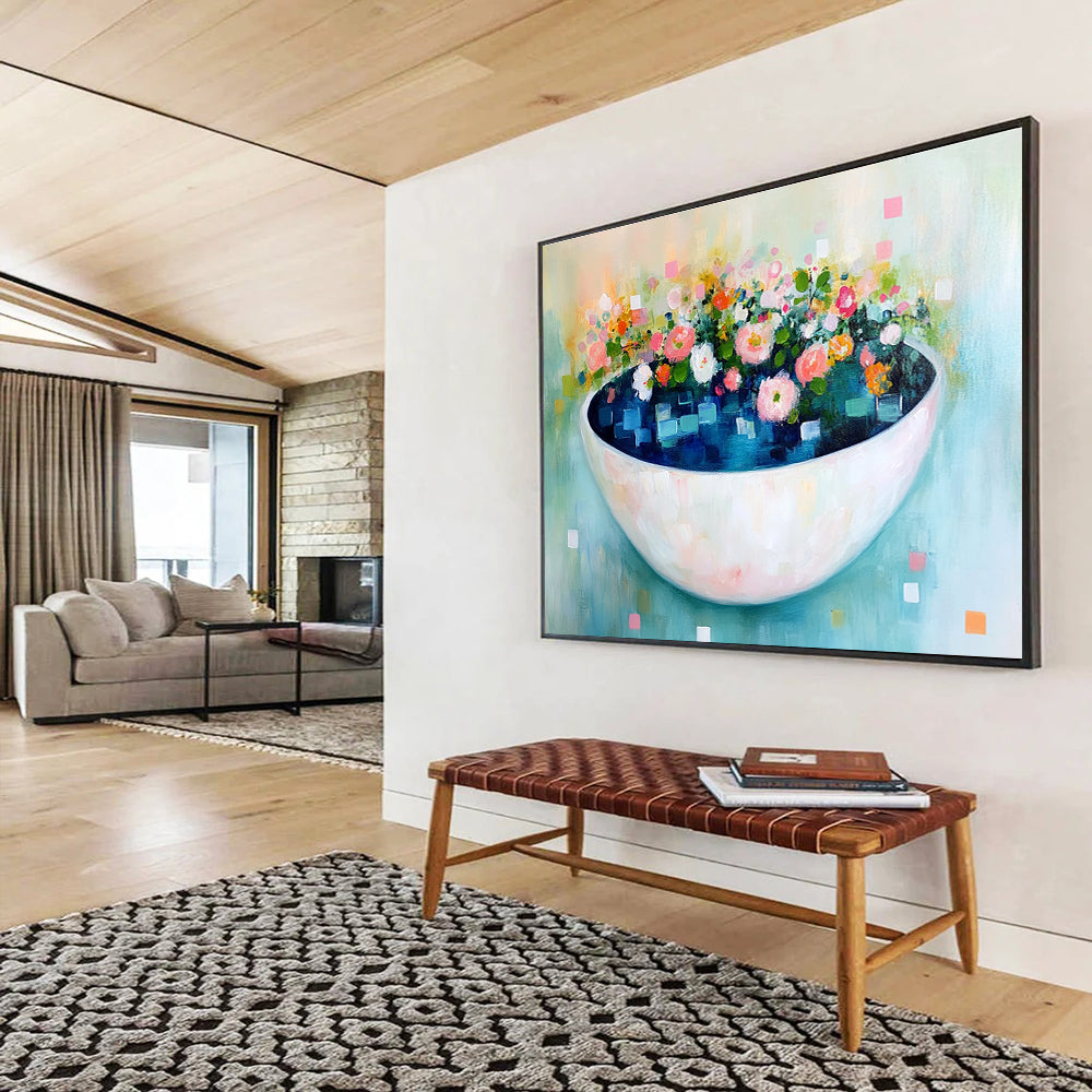 A large abstract painting featuring a bowl of blue water with flowers and leaves, adorned with pastel colors and delicate brush strokes for a whimsical touch.SC343