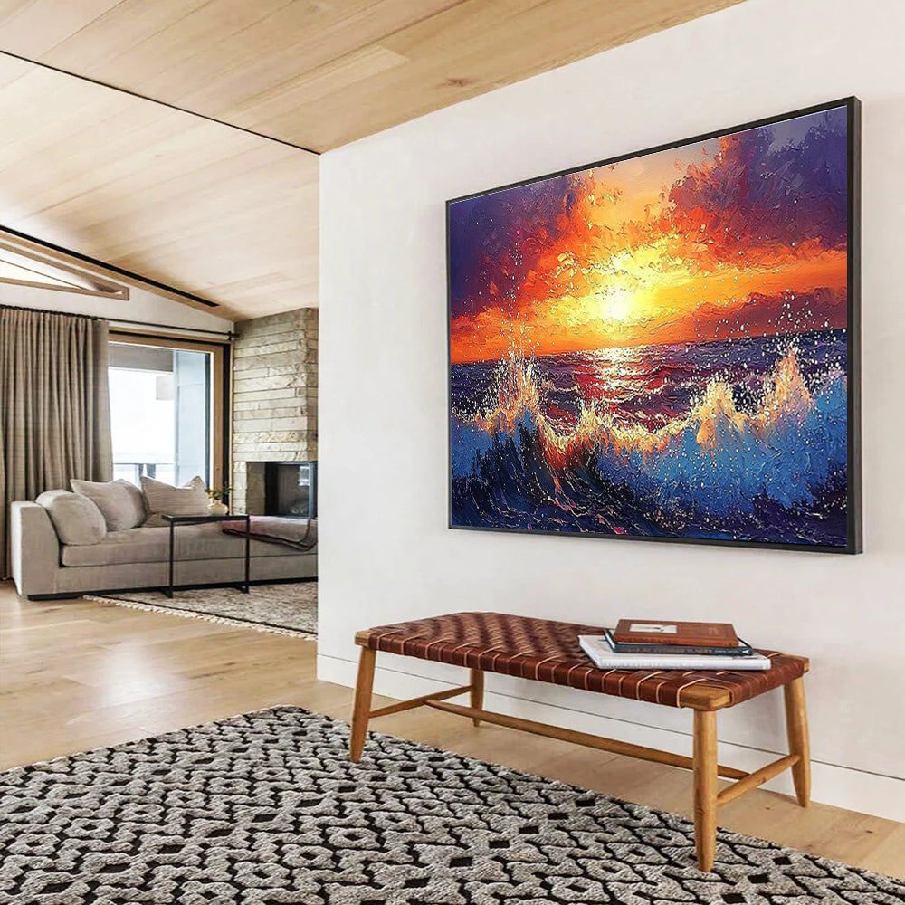Sunset Sea Abstract Painting with Orange, Red, and Blue Tones THY165