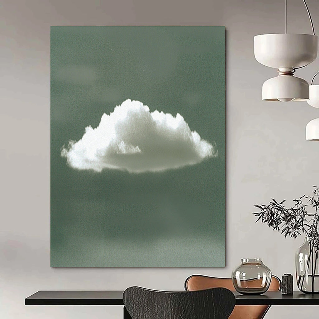 Abstract digital artwork of a single white cloud against a calming green background, embodying tranquility with its minimalist style and serene form.STSC1196