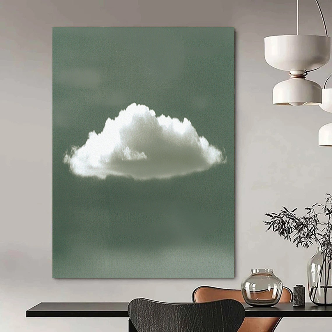 Abstract digital artwork of a single white cloud against a calming green background, embodying tranquility with its minimalist style and serene form.STSC1196