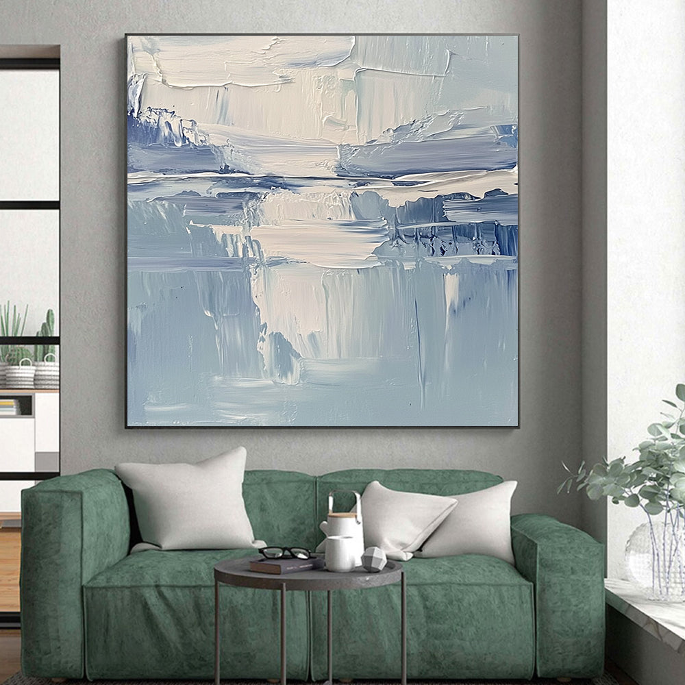 Blue White Textured Abstract Painting with Layered Brushstrokes GER761