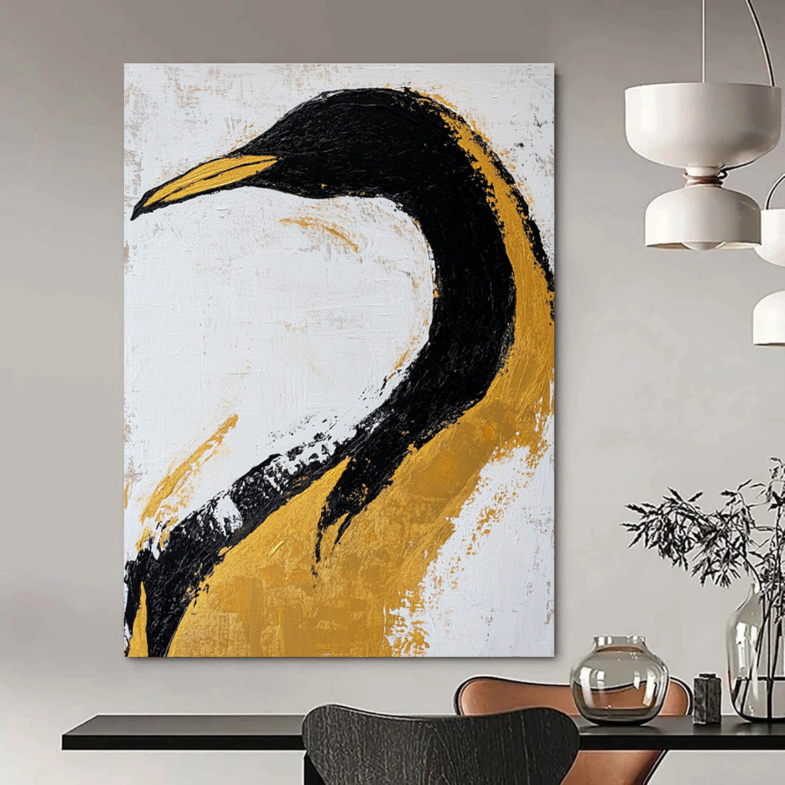 Large abstract art painting featuring a black and gold penguin on textured paper with gold leaf accents against a white background.STSC011