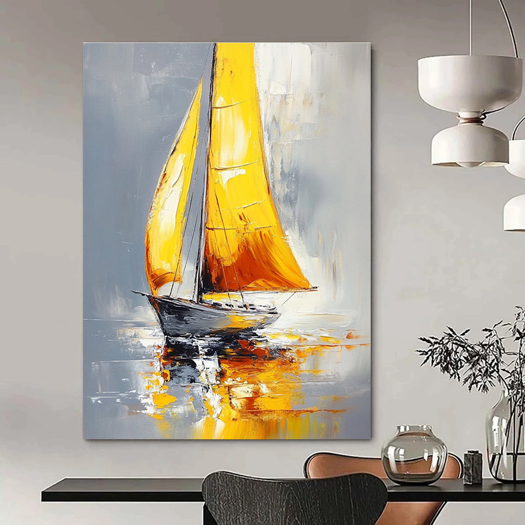Large abstract painting of a sailboat with yellow sails on water featuring gray background and warm colors with soft lighting and bold brushstrokes.STSC1400