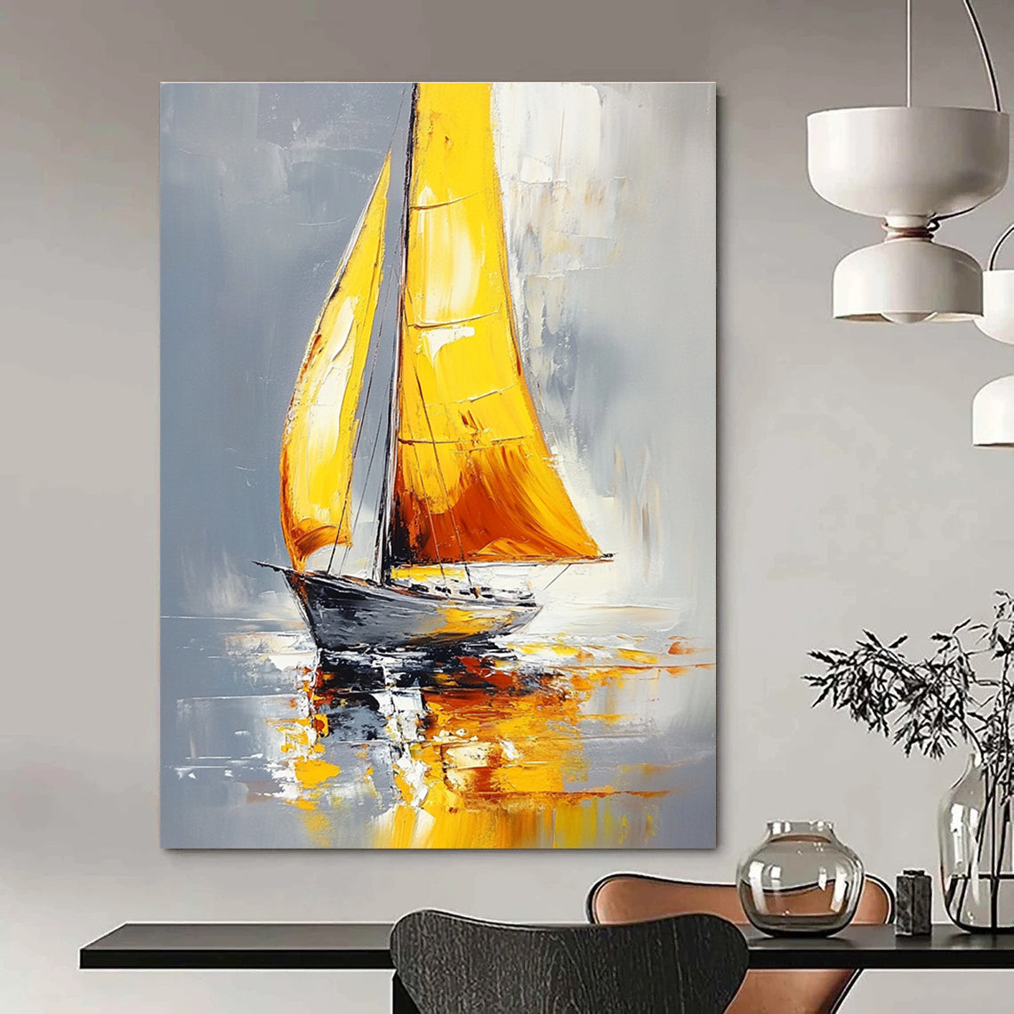 Large abstract painting of a sailboat with yellow sails on water featuring gray background and warm colors with soft lighting and bold brushstrokes.STSC1400