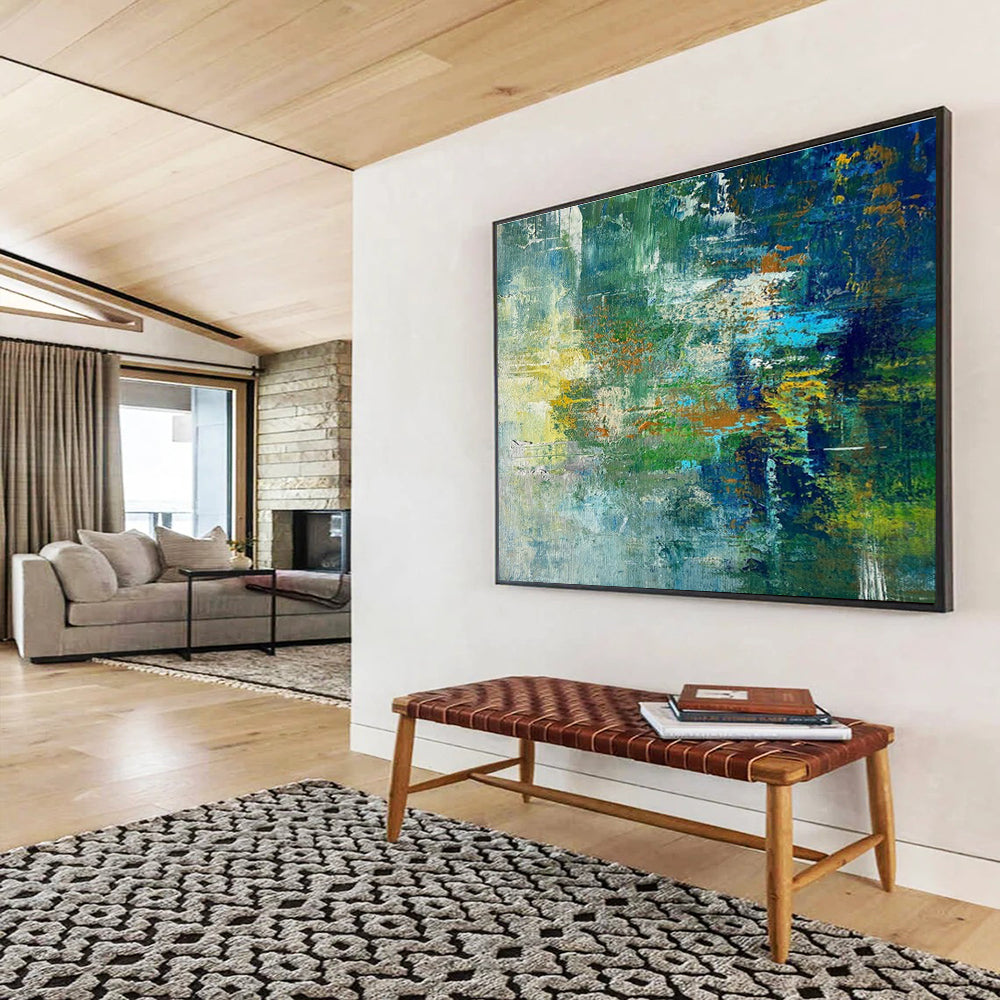 Green Blue Abstract Painting with Forest Stream Motifs THY353