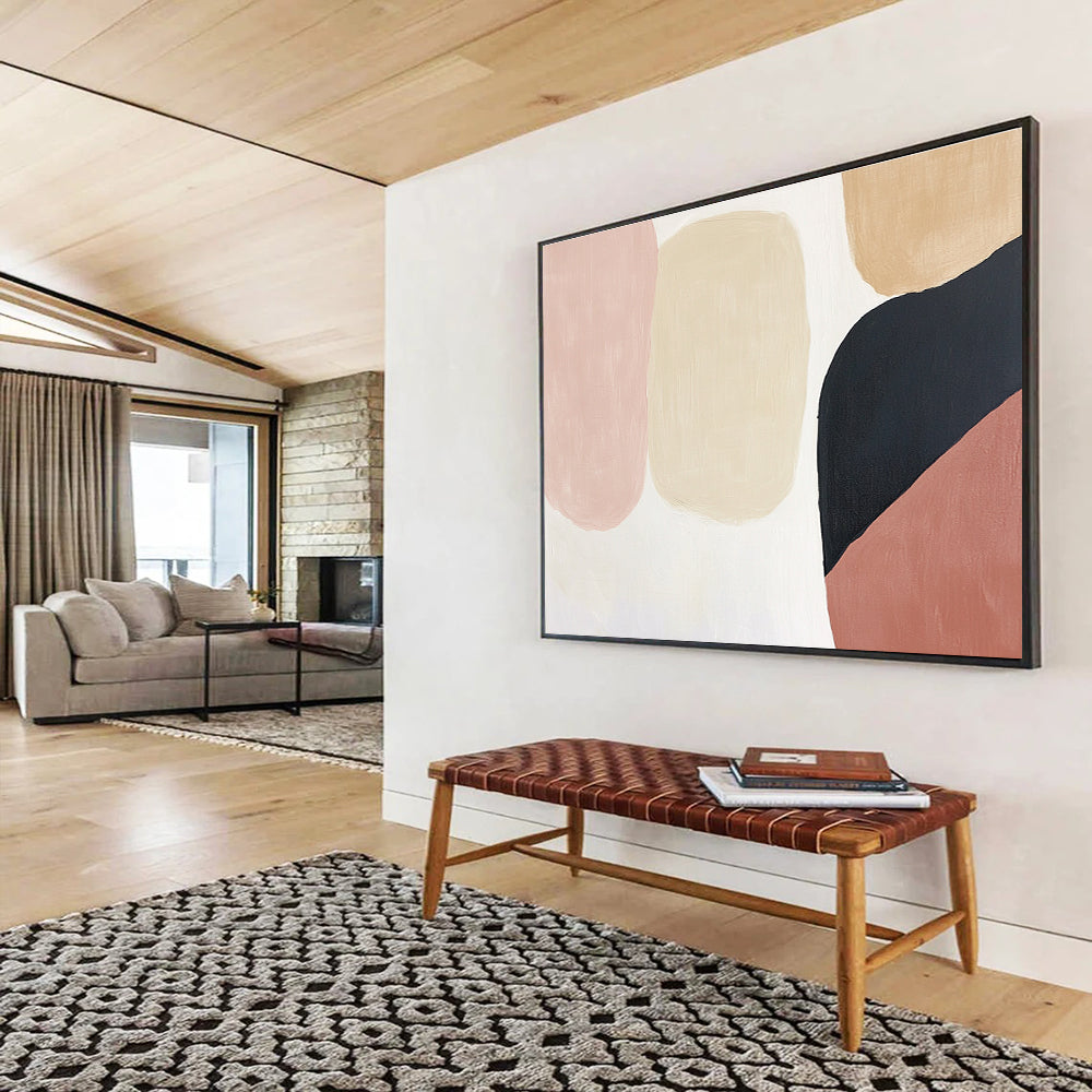 Abstract art in soft pink, beige, and black hues on a clean white background perfect for modern decor and elegant spaces.SC279