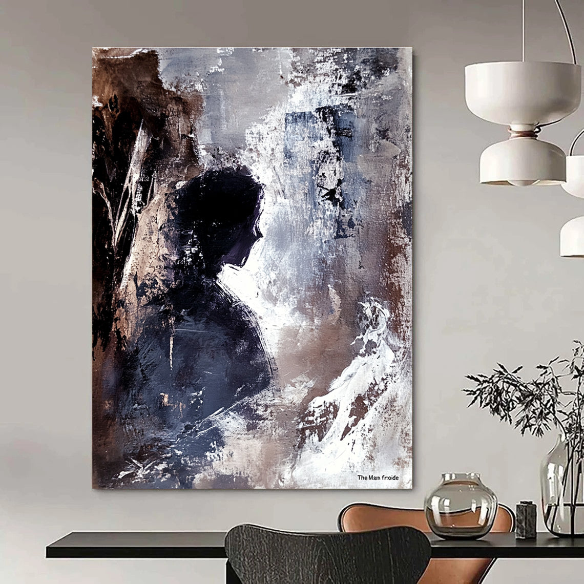 Large abstract painting of an ancient cave interior featuring a human figure in profile with strong brushstrokes conveying depth tension and mystery.STSC340