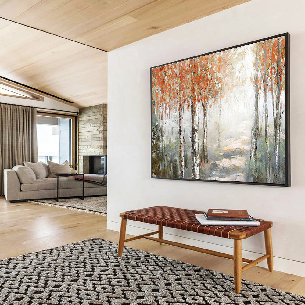 Autumn Birch Forest Path Abstract Painting with Orange, Grey, and Green Tones THY222