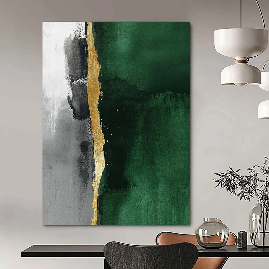 Abstract minimalist painting featuring a thin gold line against an emerald green and gray background emphasizing fluidity and elegant simplicity.STSC129