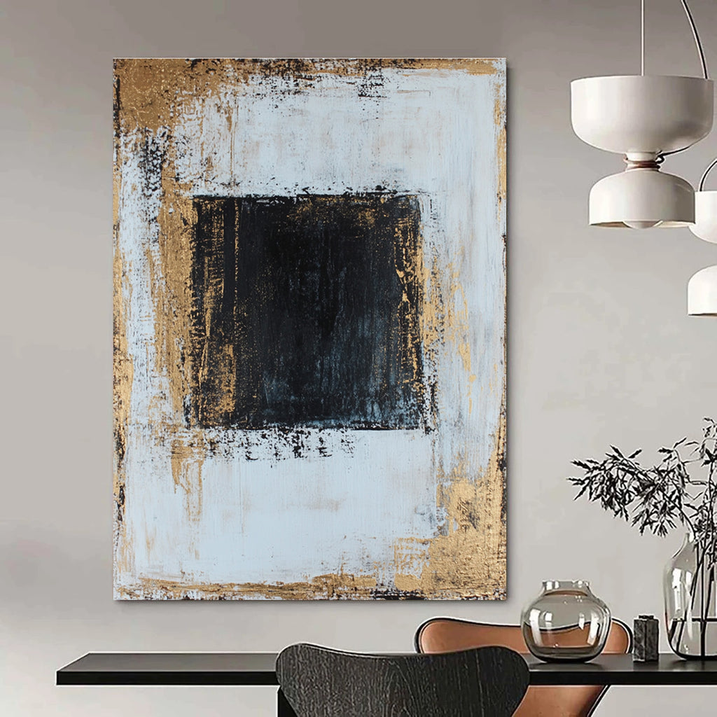 Large abstract painting in white and gold with textured canvas dark blue center perfect composition and golden ratio details.STSC382