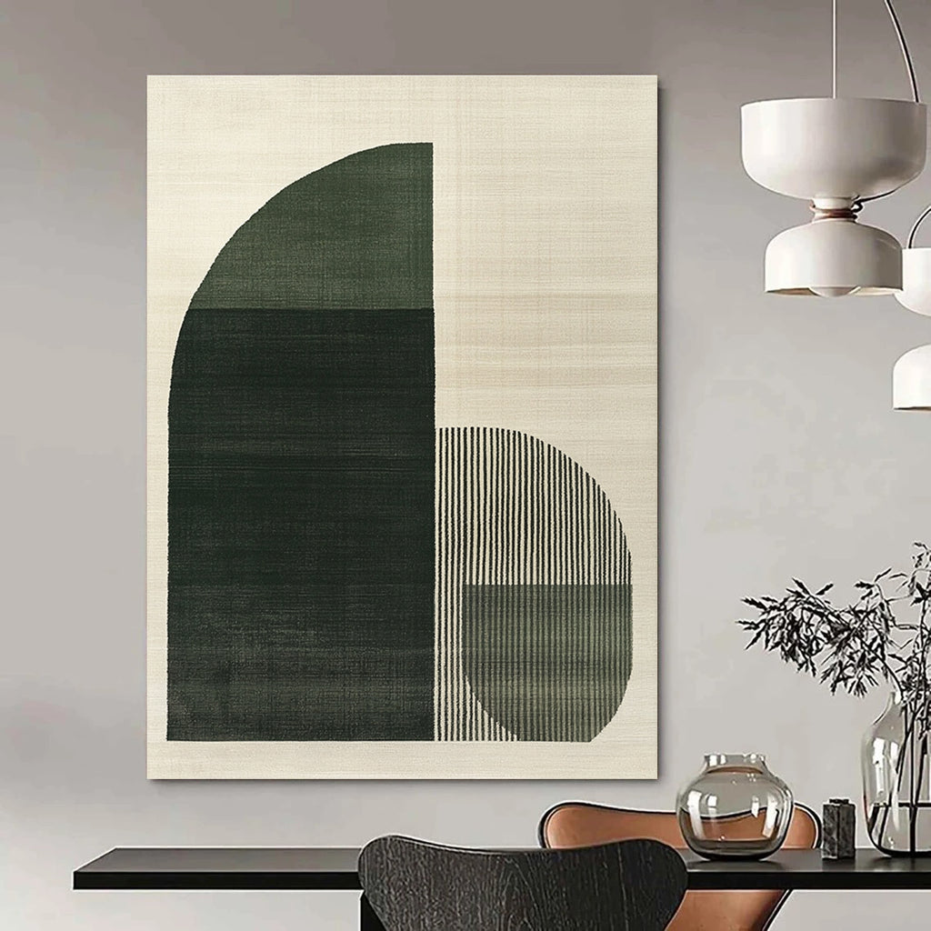 Large abstract painting featuring green and grey arch shapes with three dark gray stripes on a light beige textured background.STSC1081
