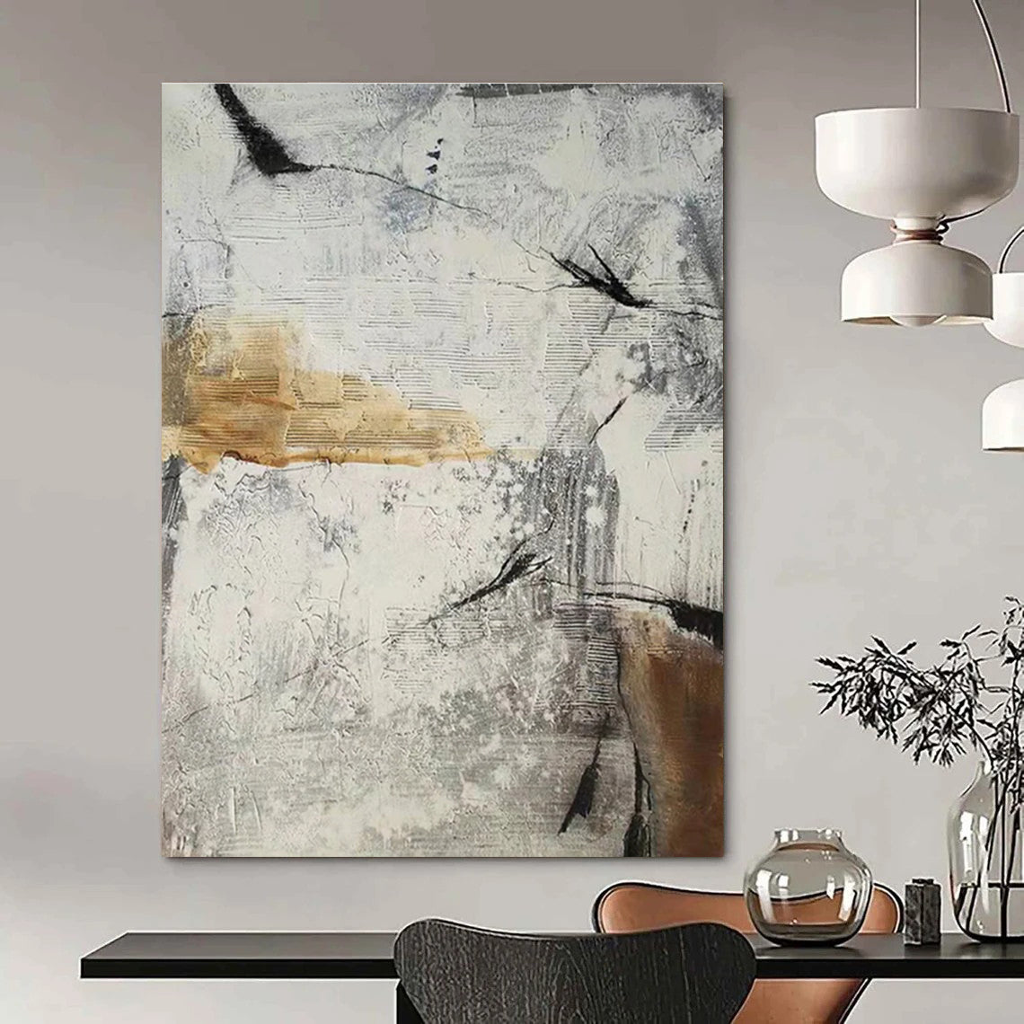 Gray and White Geometric Abstract Painting with Textured Layers ADGE338