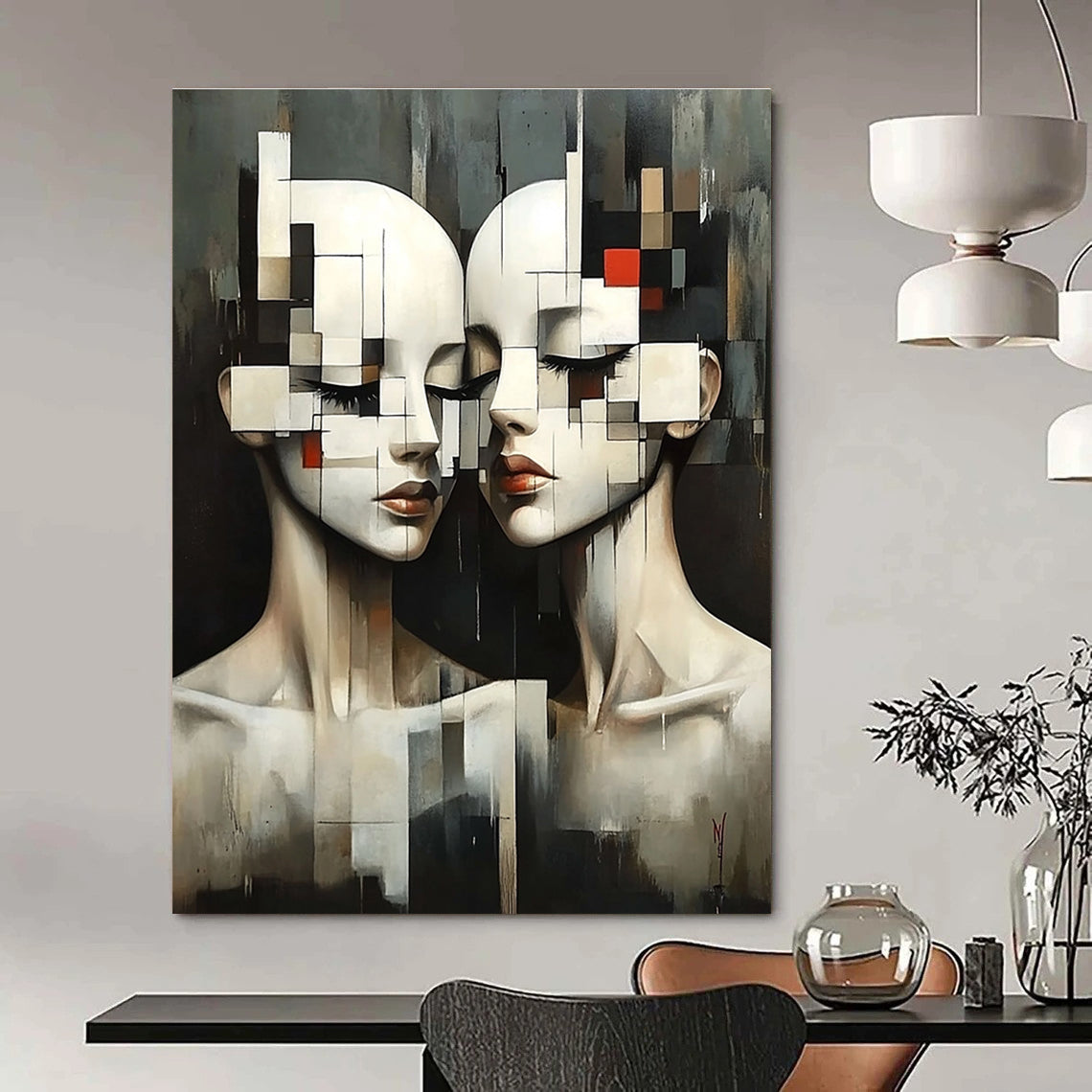 Large abstract painting featuring two female figures in geometric forms with pixelated faces and a dark background in Ismail Inceoglu's style.STSC1447
