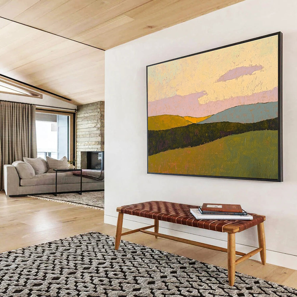 Large abstract painting in pastel colors showcases rolling hills under a sunset sky with textured impasto technique on paper.SC578