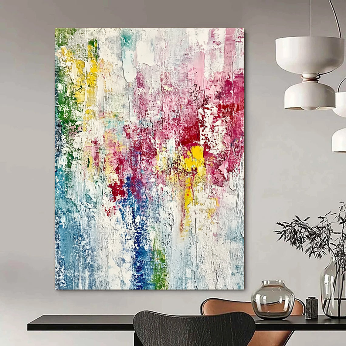 Large abstract painting on textured canvas with vibrant spring colors and thick brush strokes creating an impressionistic feel of growth and vitality.STSC721