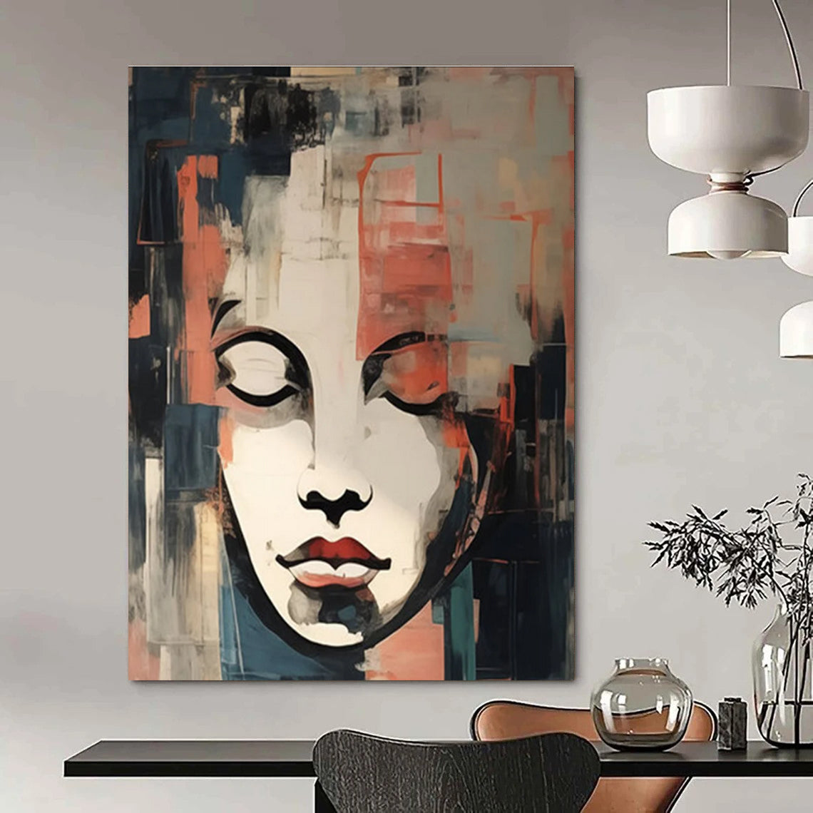 Cubist - Style Portrait Abstract Painting with Red, Blue, and Gray ADGE124
