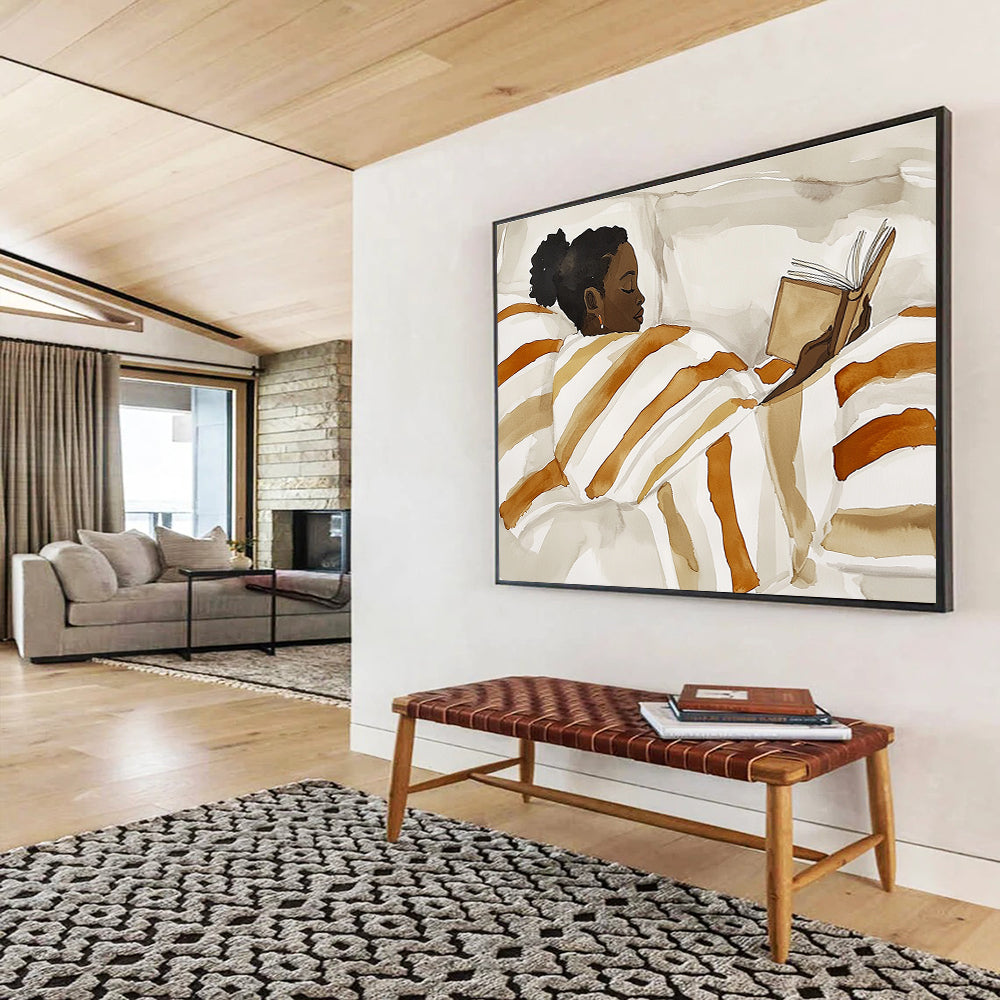 Abstract painting of an African American woman reading in bed with a striped blanket in a neutral color palette featuring simple shapes and minimalistic style.SC617