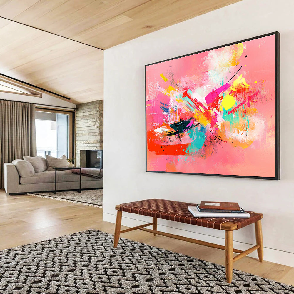 A large abstract painting featuring colorful shapes and lines on a pink background with emotional expressions and a feminine sensibility.SC535